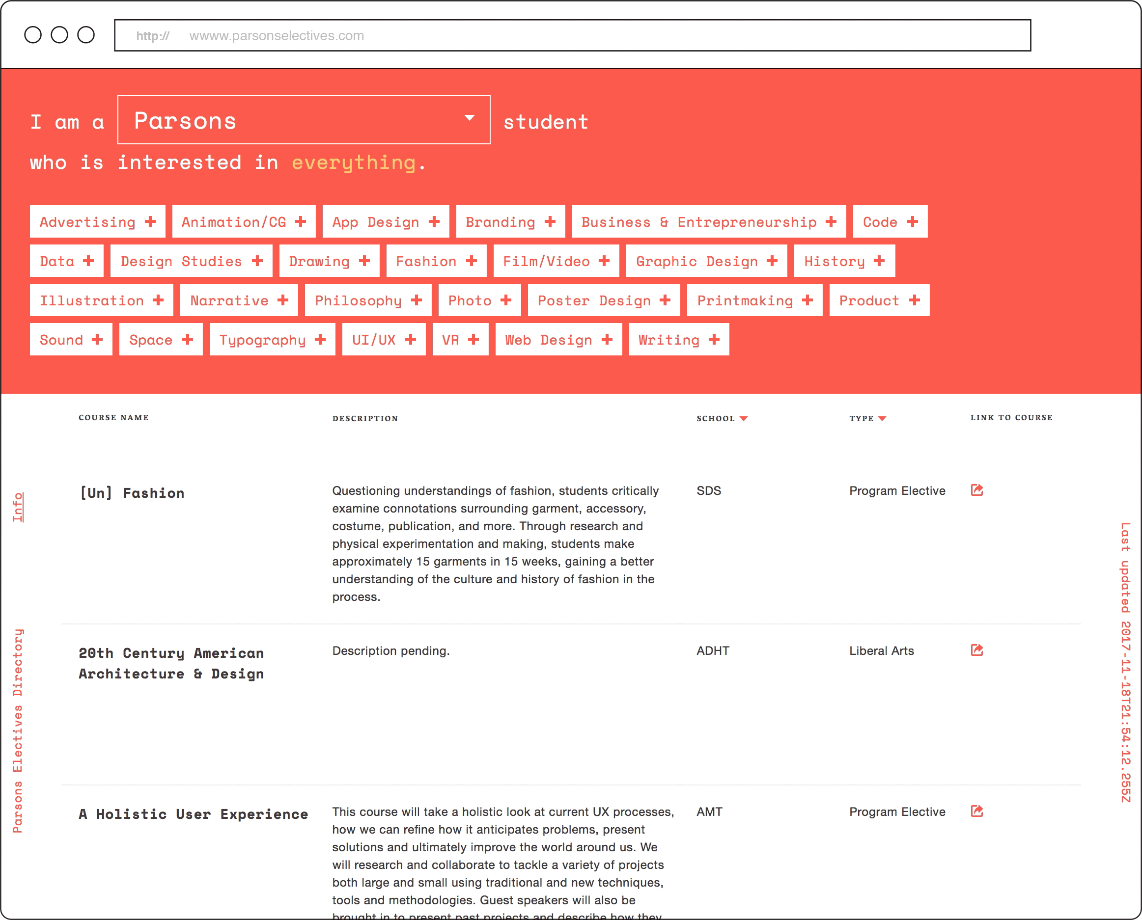 Desktop Flow from the Parsons Electives Website by Talia Cotton