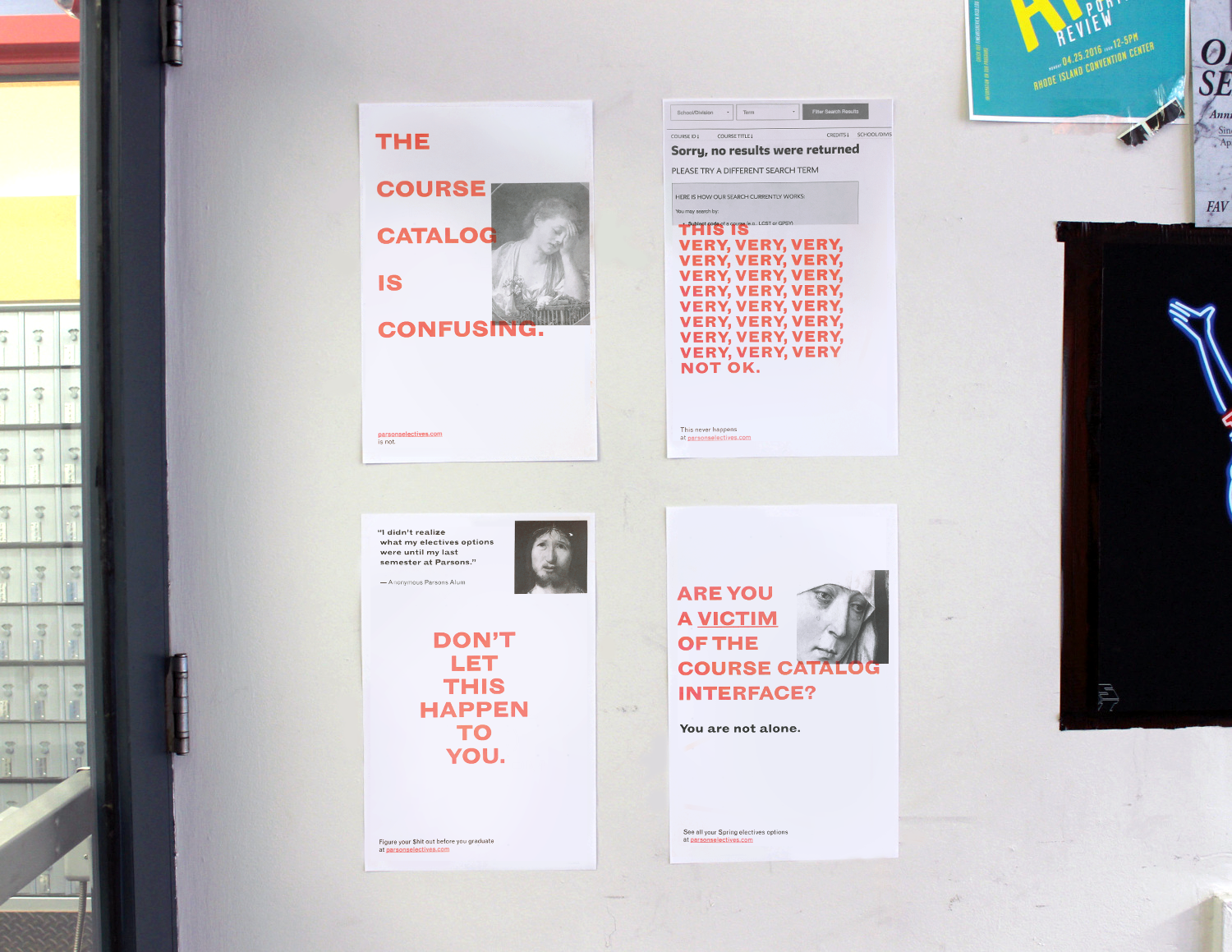 Advertisement Campaign hanging on the wall of parsons from the Parsons Electives Website by Talia Cotton