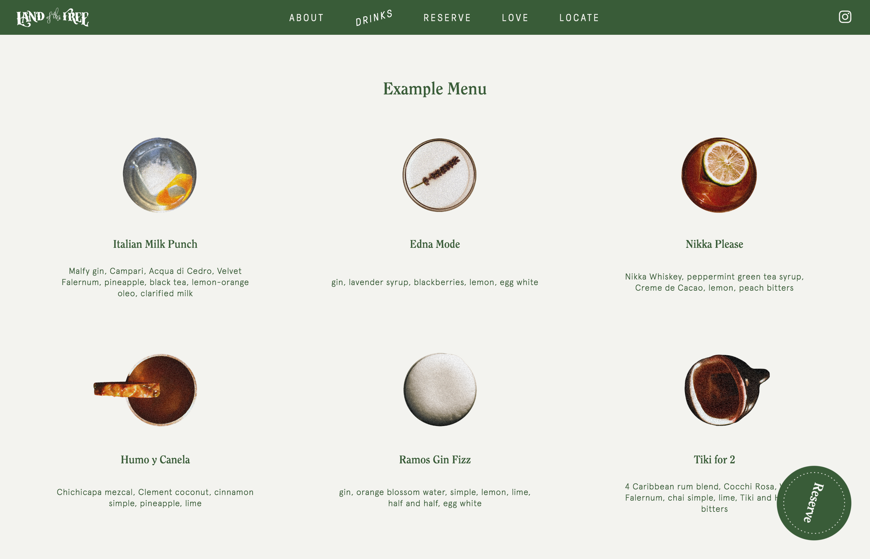 Drinks menu, Land of the Free website design and development, Talia Cotton