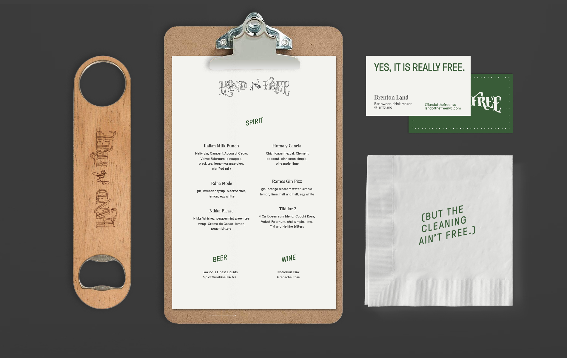 Menu and stationery, Land of the Free brand design, Talia Cotton